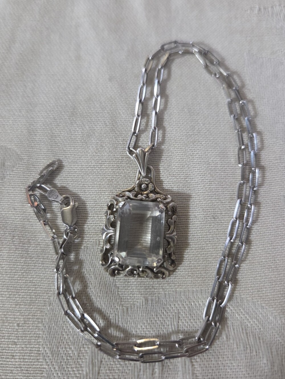 Vintage Art Nouveau Jugendstil Rock Crystal Pendant on Sterling Paperclip Chain